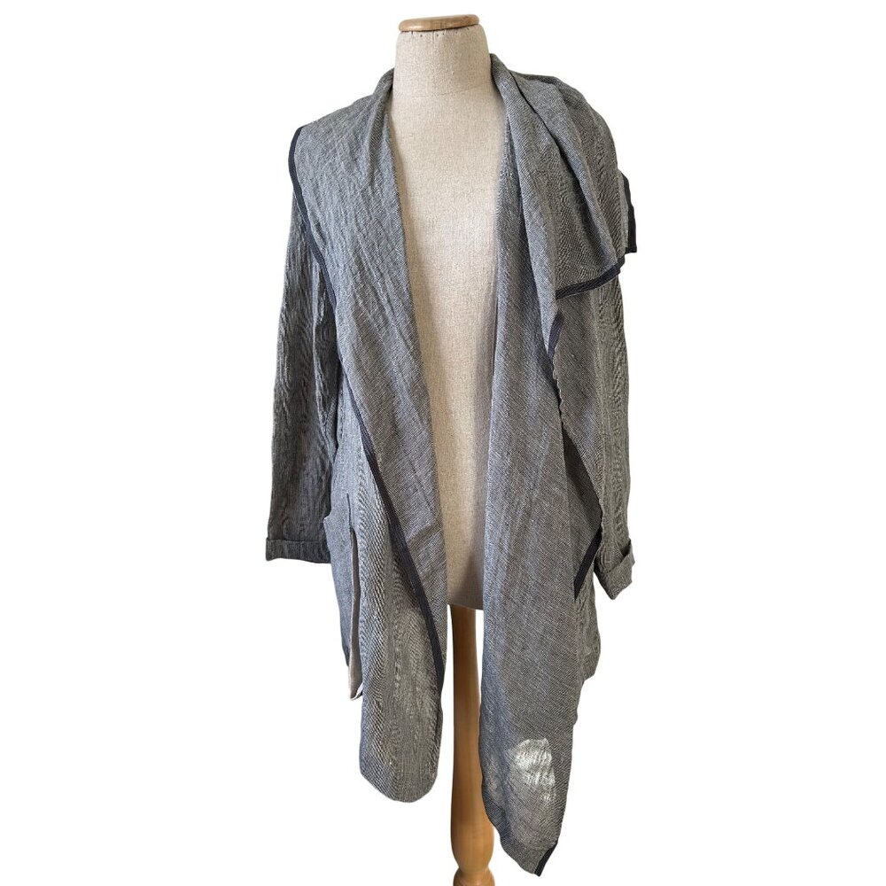 Crea Concept Linen Blend Open Front Jacket Size 38 Gray With Black Trim Made In